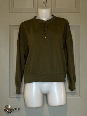 GAP Olive Green Henley Button Fleece Sweatshirt - Size Medium